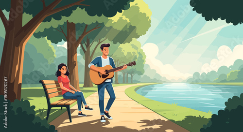 Man serenading woman with guitar in park illustration.
