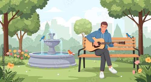 Man serenading with guitar in park seated on bench.