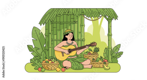 Tropical Musician with Guitar and Fruit Stand Illustration.