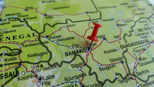 Photos View of Bamako, Capital of Mali, on a geographical map of Africa, marked with re
