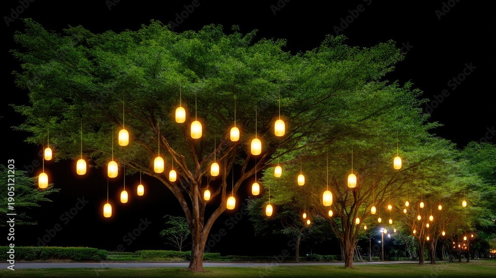 Naklejka premium Charming Night Scene with Illuminated Lanterns Hanging from Lush Green Trees in a Serene Outdoor Setting Perfect for Events or Romantic Gatherings