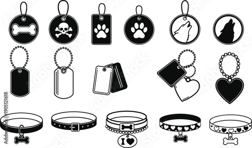Black dog collar and pet identification tag silhouettes set, including bone, heart, paw, and skull designs, isolated vector illustrations for animal accessory branding,