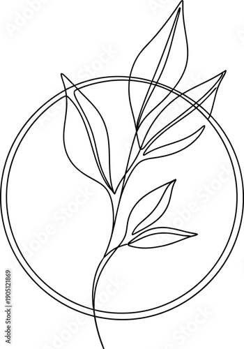 Simple line drawing of a plant within a circular frame, symbolizing growth and harmony.