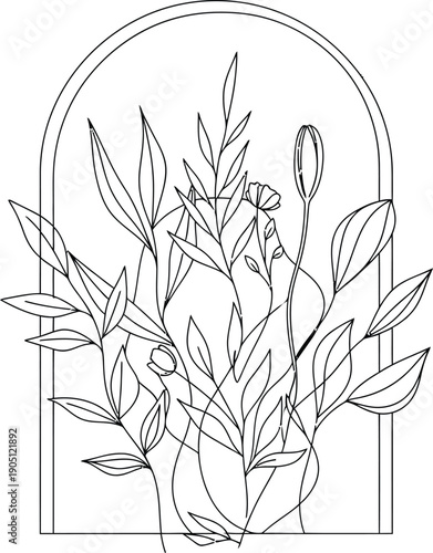 A minimalist line drawing of a potted plant in an arched frame.