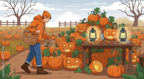 Autumn Harvest A Person Picking Pumpkins in a Patch.