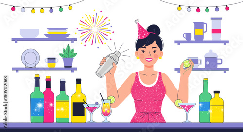 Bartender Woman Mixing Cocktails at a Party.