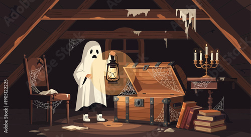 Ghostly Encounter in the Attic A Spooky Cartoon Illustration.
