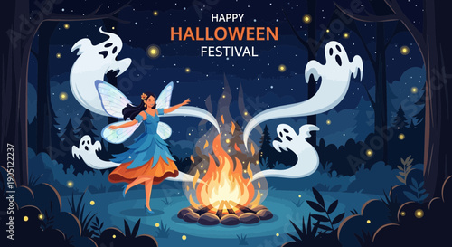 Halloween Night Fairy Dance Around Bonfire with Ghostly Spectators.