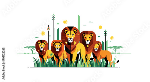 A majestic pride of lions standing strong in a stylized savanna landscape with abstract elements, representing power and family bonds