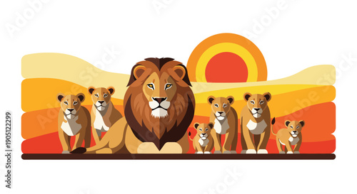 A majestic male lion protects his pride of lionesses and playful cubs, depicted in a vibrant illustration against a warm sunset, symbolizing the profound strength and unity of a wild animal family