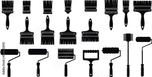 Black paint brush and roller silhouettes set, various sizes of decorator tools and painting equipment, isolated vector illustrations for home renovation and DIY renovation,