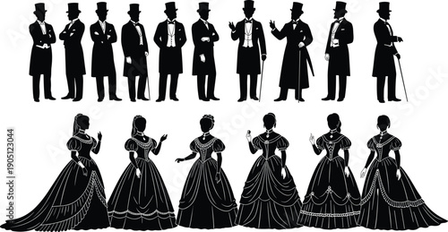 Collection of Victorian era silhouettes featuring men in top hats and tailcoats and women in elegant ball gowns isolated on white background for history design
