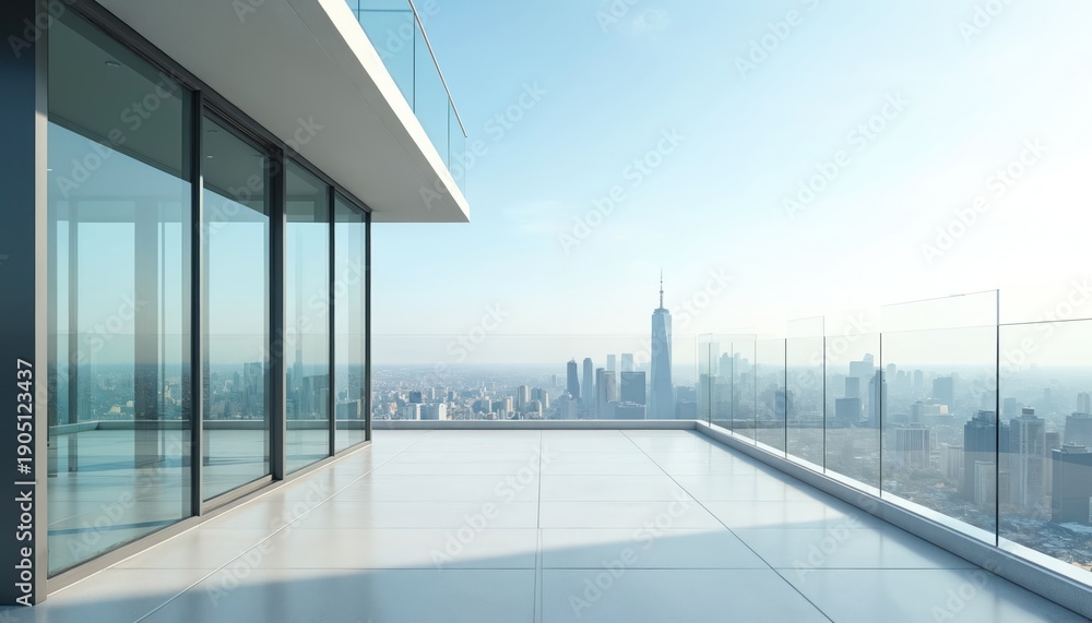 Naklejka premium Modern office balcony overlooks urban city skyline. Glass facade building provides expansive view of cityscape. Sunny day with clear blue sky.