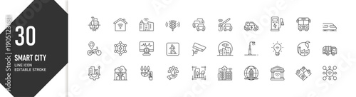 30 Smart City Line Icons for Urban Systems, IoT Infrastructure and Digital Services