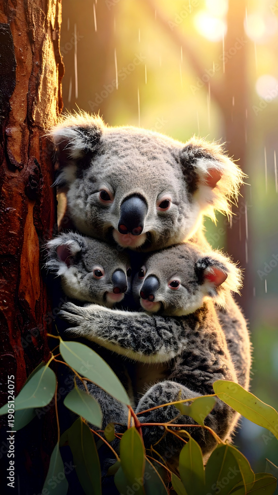 Obraz premium Cozy Koala Embrace: An adorable koala family, mother and two joeys, cuddles together on a eucalyptus tree, illuminated by sunlight filtering through the rain, evoking warmth and love.