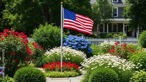 American flag waving in garden flowers.