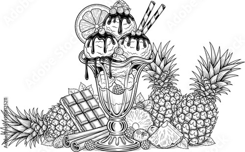 Detailed Black and White Hand Drawn Vector Illustration of a Delicious Ice Cream Sundae with Chocolate Sauce Surrounded by Pineapples Cinnamon and Chocolate