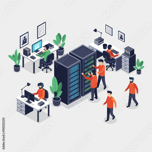 IT professionals working in a data center with servers and computers.