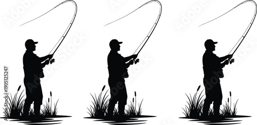 Silhouette of angler fishing with spinning rod in natural wetland scenery, outdoor recreational sport concept, fisherman casting line illustration, black and white vector isolated on white background