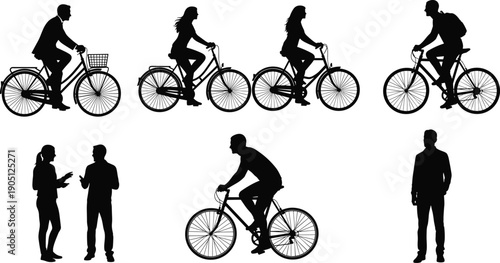 Silhouette set of people riding bicycles and standing together, urban cycling lifestyle, commuters and casual riders illustration, eco friendly transport concept, 