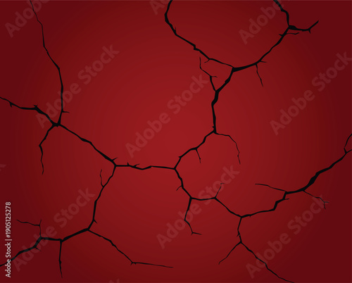 Dramatic red grunge background with striking black tectonic fractures, abstract volcanic crack texture vector