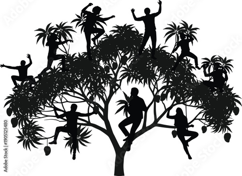 Detailed Black Silhouette Vector Illustration Featuring a Group of Diverse People Climbing a Large Mango Tree to Pick Fruit for Summer Nature Designs