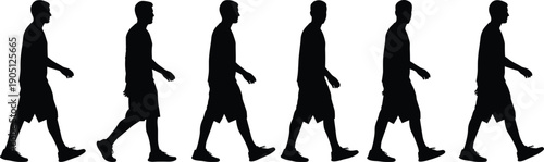 Walking man silhouette sequence showing human gait motion stages, side view male pedestrian steps, minimal black vector illustration for movement, animation reference, lifestyle and people concepts