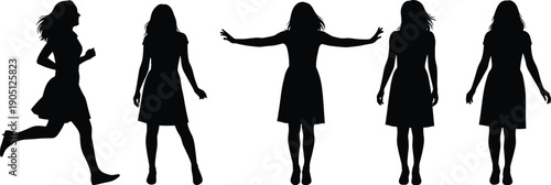 Woman silhouette set walking standing and open arms poses, female body movement collection expressing freedom confidence and lifestyle activity isolated on white background illustration
