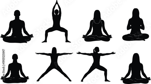 Yoga women silhouette set performing meditation and standing poses, female wellness balance flexibility and mindfulness practice collection isolated on white background illustration