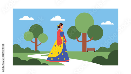 Woman in traditional saree walking nature