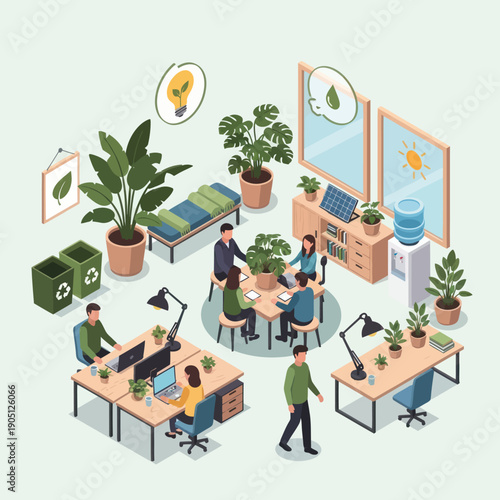 Sustainable office environment with eco friendly elements and green technology.