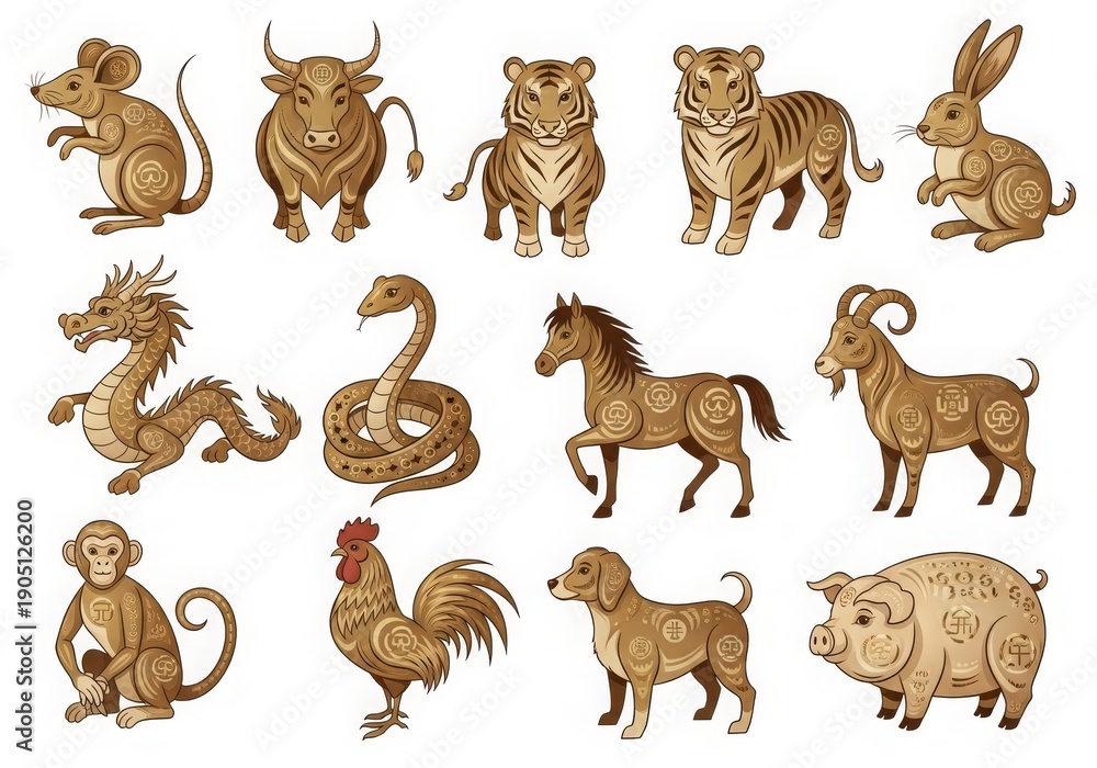Obraz premium A set of Chinese Zodiac animals in a modern minimalist design, perfect for Lunar New Year, branding, and educational materials. Each animal represented with clean lines and high detail.