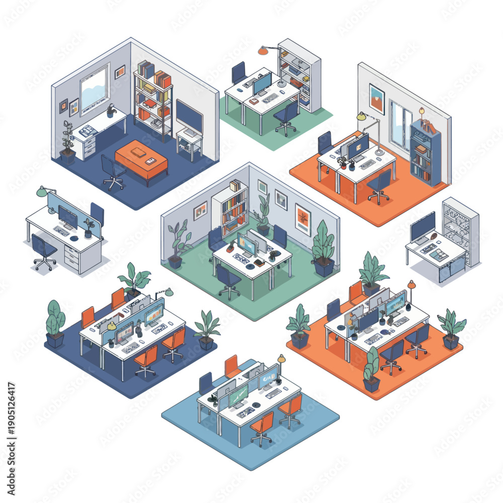 Obraz premium Isometric Office Spaces with Various Workstations and Decor.