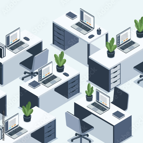 Modern office cubicles with computers and plants in a minimalist setting.