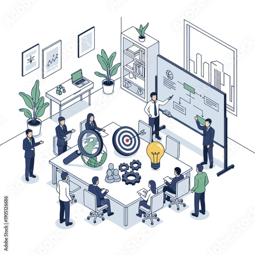 Business team discussing marketing strategy in a modern office.