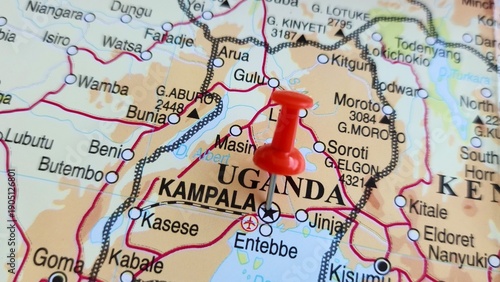 Fotografie View of Kampala, Capital and the largest city of Uganda, on a geographical map o
