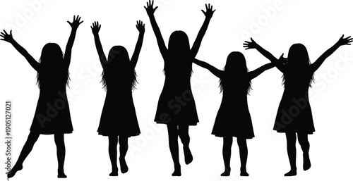 Happy girls silhouette jumping with raised arms, playful childhood celebration poses showing joy freedom and friendship, kids activity concept isolated on white background illustration