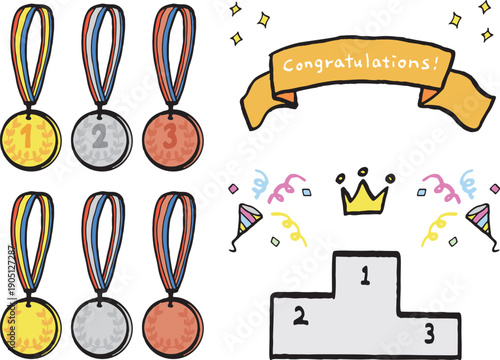 POP用　メダル金銀銅と表彰台のイラストセット