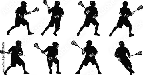 Lacrosse players silhouette set showing passing shooting and running actions, competitive team sport movement and athletic gameplay poses collection isolated on white background illustration
