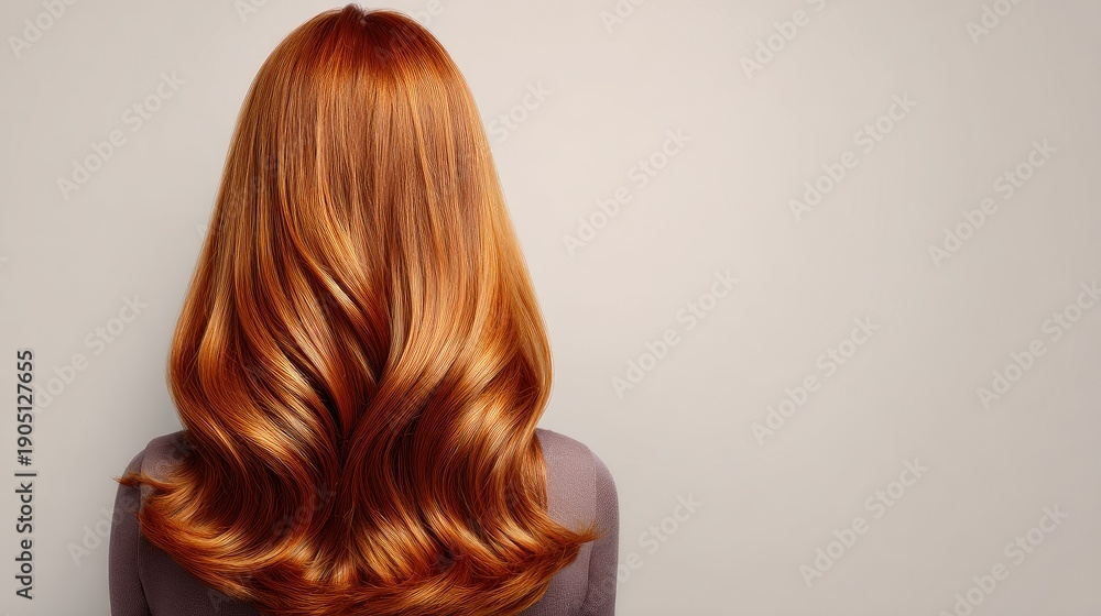 Fototapeta premium Beautiful, Flowing, Vibrant, Copper Hair with Glossy Texture and Elegant Waves, Captured from the Back Against a Soft Neutral Background