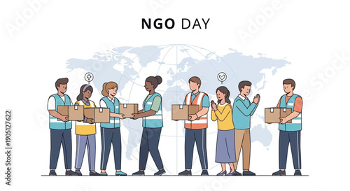 Illustration of diverse people participating in NGO Day, showcasing community support and humanitarian aid globally.