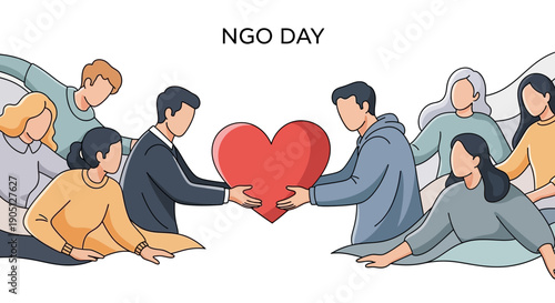 People from diverse backgrounds collaborate to support a nonprofit organization on World NGO Day, promoting social justice and humanitarian aid.
