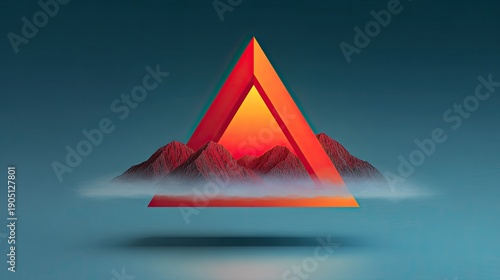 Abstract geometric design featuring a vibrant triangular shape above colorful mountainous landscape with fog, creating a surreal atmosphere in modern art style