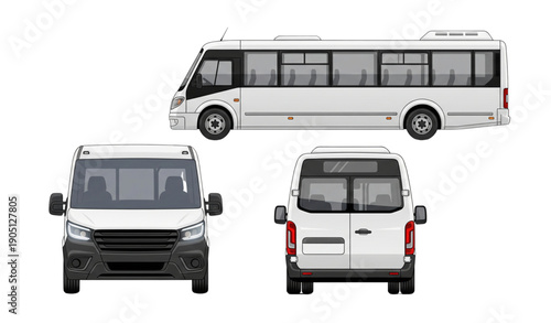 A vector graphic illustration of a white bus in three views