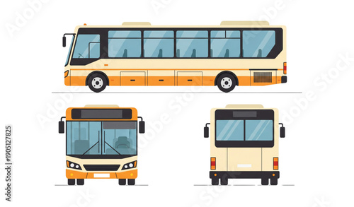 A vector graphic illustration of a yellow bus in three different views