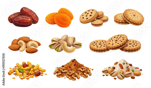 A colorful illustration of various snacks including nuts and biscuits