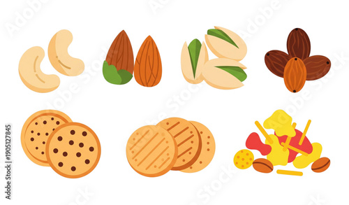 A colorful vector graphic illustration of various snacks and nuts
