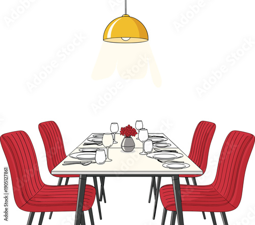 Modern dining room interior illustration featuring set dining table, red chairs and hanging pendant lamp, elegant restaurant or home dining concept in clean minimalist vector style