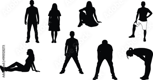 People silhouette set with men and women in standing and sitting poses, casual lifestyle activities and fitness postures isolated on white background illustration