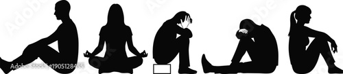 People sitting silhouette set showing meditation calm and emotional stress poses, mental health yoga and wellness concepts, body language collection isolated on white background illustration